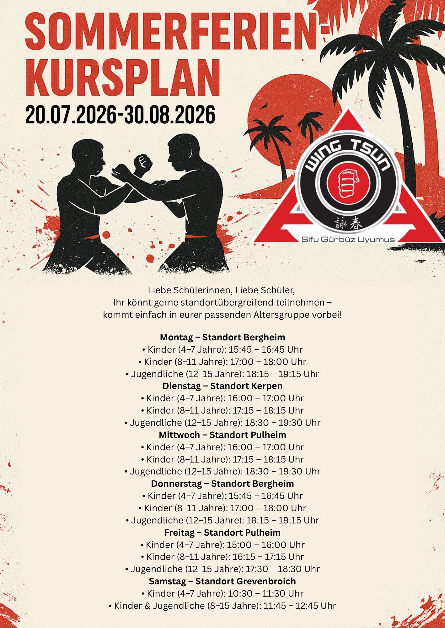 Trainingsplan 20.07.2026 - 30.08.2026 Sommerferien | Featured Stories @ SGU Wing Tsun Kampfkunstschulen